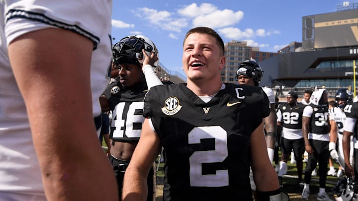 Sep 27, 2025; Nashville, Tennessee, USA;  Vanderbilt Commodores quarterback Diego Pavia (2) against the Utah State Aggies after the game at FirstBank Stadium. Mandatory Credit: Steve Roberts-Imagn Images