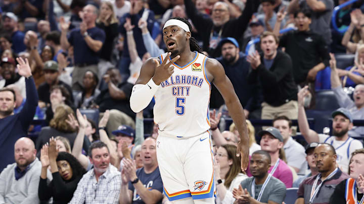 Mar 14, 2024; Oklahoma City, Oklahoma, USA; Oklahoma City Thunder guard Luguentz Dort (5) gestures