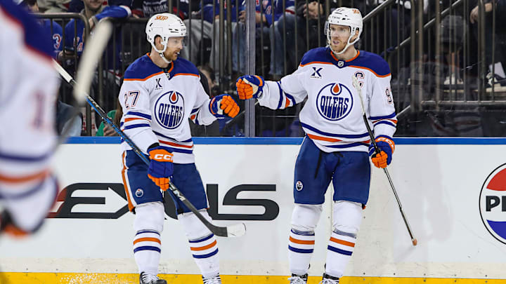 Mar 16, 2025; New York, New York, USA; Edmonton Oilers center Connor McDavid (97) celebrates his goal against the New York Rangers during the third period at Madison Square Garden. Mandatory Credit: Danny Wild-Imagn Images