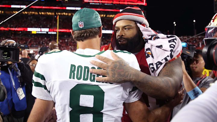 Sep 9, 2024; Santa Clara, California, USA; New York Jets quarterback Aaron Rodgers (8) greets San Francisco 49ers offensive tackle Trent Williams (71) after a game at Levi's Stadium. Mandatory Credit: David Gonzales-Imagn Images Sep 9, 2024; Santa Clara, California, USA; New York Jets quarterback Aaron Rodgers (8) greets San Francisco 49ers offensive tackle Trent Williams (71) after a game at Levi's Stadium. Mandatory Credit: David Gonzales-Imagn Images