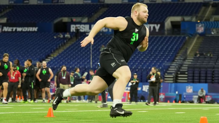 Mar 1, 2026; Indianapolis, IN, USA; Iowa offensive lineman Logan Jones (OL31) during the NFL Scouting Combine at Lucas Oil Stadium. Mandatory Credit: Kirby Lee-Imagn Images
