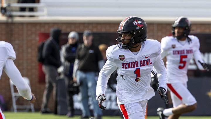 National wide receiver Caullin Lacy (1) of Louisville runs a route during National Senior Bowl practice at Hancock Whitney Stadium. Mandatory Credit: Vasha Hunt-Imagn Images