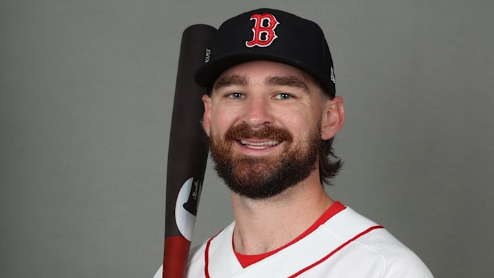 Feb 17, 2026; Lee County, FL, USA;  Boston Red Sox infielder Brendan Rodgers (5) poses for a photo during media day at JetBlue Park. Mandatory Credit: Kim Klement Neitzel-Imagn Images