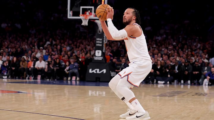 Jan 13, 2025; New York, New York, USA; New York Knicks guard Jalen Brunson (11) shoots a three point shot against the Detroit Pistons during the second quarter at Madison Square Garden. Mandatory Credit: Brad Penner-Imagn Images