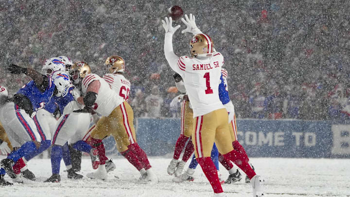 Dec 1, 2024; Orchard Park, New York, USA; San Francisco 49ers wide receiver Deebo Samuel Sr. (1) makes a catch against the Buffalo Bills during the second half at Highmark Stadium. Mandatory Credit: Gregory Fisher-Imagn Images