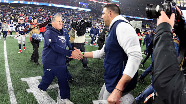 Jan 4, 2020; Foxborough, Massachusetts, USA;  New England Patriots head coach Bill Belichick shakes hands with Tennessee Titans head coach Mike Vrabel after the Patriots lost to the Titans at Gillette Stadium.