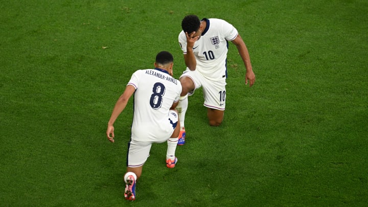 Jude Bellingham and Trent Alexander-Arnold celebrate the former's winner against Serbia