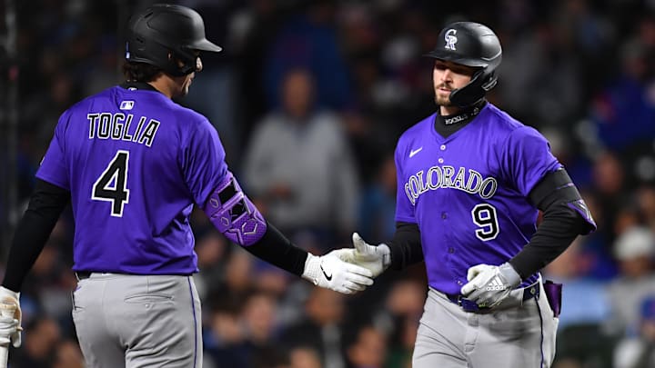 May 27, 2025; Chicago, Illinois, USA; Colorado Rockies center fielder Brenton Doyle (9) celebrates his home run during the seventh inning against the Chicago Cubs at Wrigley Field. Mandatory Credit: Patrick Gorski-Imagn Images