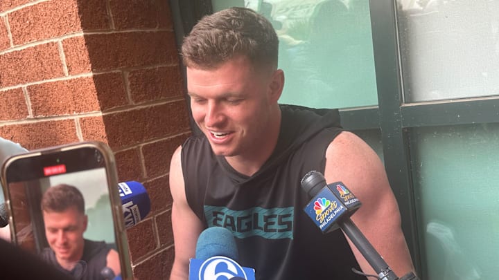 Eagles S Reed Blankenship laughs with reporters outside the NovaCare Complex. 
