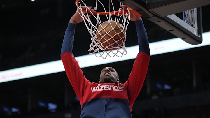 Mar 10, 2025; Toronto, Ontario, CAN; Washington Wizards center Alex Sarr (20) dunks a ball during warm up before a game against the Toronto Raptors at Scotiabank Arena. Mandatory Credit: John E. Sokolowski-Imagn Images