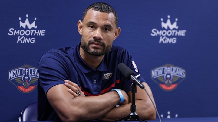 Sep 26, 2022; New Orleans, LA, USA;  New Orleans Pelicans general manager Trajan Langdon during a press conference at the New Orleans Pelicans Media Day from the Smoothie King Center. Mandatory Credit: Stephen Lew-Imagn Images