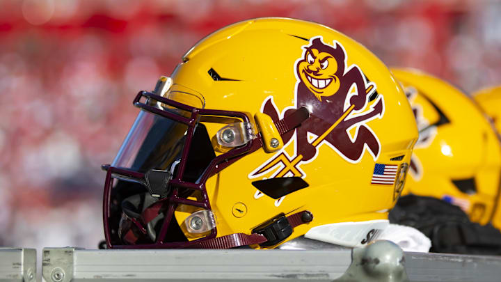 Nov 25, 2022; Tucson, Arizona, USA; Detailed view of an Arizona State Sun Devils helmet during the Territorial Cup at Arizona Stadium. Mandatory Credit: Mark J. Rebilas-Imagn Images Nov 25, 2022; Tucson, Arizona, USA; Detailed view of an Arizona State Sun Devils helmet during the Territorial Cup at Arizona Stadium. Mandatory Credit: Mark J. Rebilas-Imagn Images