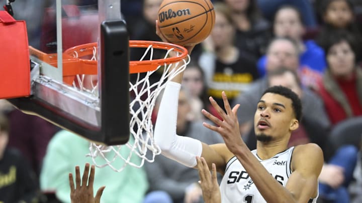 Jan 7, 2024; Cleveland, Ohio, USA; San Antonio Spurs center Victor Wembanyama (1) shoots 