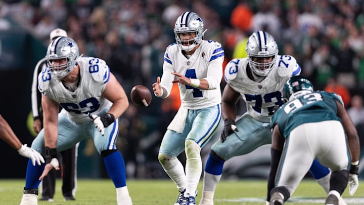 Nov 5, 2023; Philadelphia, Pennsylvania, USA; Dallas Cowboys quarterback Dak Prescott (4) in action