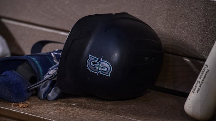 Jun 5, 2022; Arlington, Texas, USA; A view of a Seattle Mariners batting helmet and logo during the game between the Texas Rangers and the Seattle Mariners at Globe Life Field. Mandatory Credit: Jerome Miron-Imagn Images