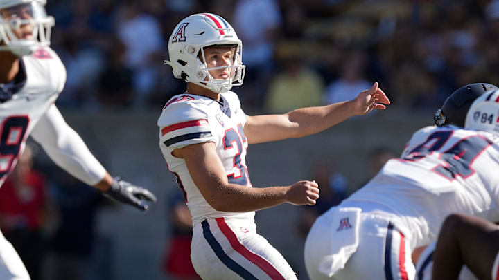 Arizona Wildcats place kicker Tyler Loop follows through on a field goal attempt against the California Golden Bears.