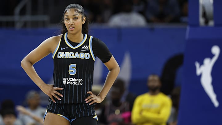 Aug 25, 2024; Chicago, Illinois, USA; Chicago Sky forward Angel Reese (5) looks on during the first half of a basketball game against the Las Vegas Aces at Wintrust Arena. Mandatory Credit: Kamil Krzaczynski-Imagn Images Aug 25, 2024; Chicago, Illinois, USA; Chicago Sky forward Angel Reese (5) looks on during the first half of a basketball game against the Las Vegas Aces at Wintrust Arena. Mandatory Credit: Kamil Krzaczynski-Imagn Images