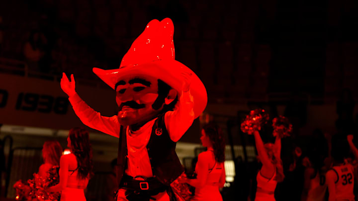 Pistol Pete stands on the court before a women's college basketball game between the Oklahoma State Cowgirls (OSU) and the Texas Tech Lady Raiders at Gallagher-Iba Arena in Stillwater, Okla., Wednesday, Jan. 10, 2024. Oklahoma State won 71-58. Pistol Pete stands on the court before a women's college basketball game between the Oklahoma State Cowgirls (OSU) and the Texas Tech Lady Raiders at Gallagher-Iba Arena in Stillwater, Okla., Wednesday, Jan. 10, 2024. Oklahoma State won 71-58.