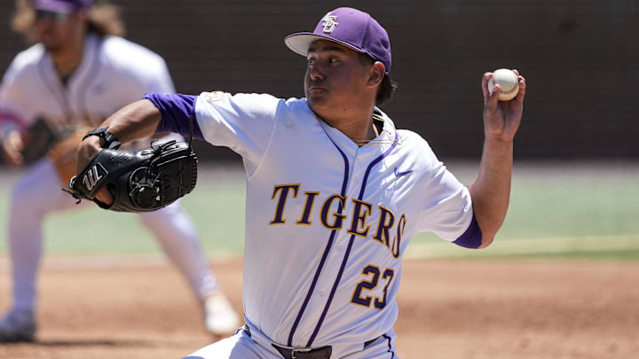 May 31, 2024; Chapel Hill, NC, USA; LSU pitcher Gage Jump (23) pitches against the Wofford Terriers during the NCAA Regional in Chapel Hill. Mandatory Credit: Jim Dedmon-Imagn Images