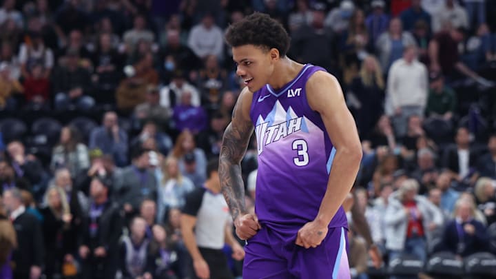 Feb 22, 2025; Salt Lake City, Utah, USA; Utah Jazz guard Keyonte George (3) reacts with fans during the second half of the game against the Houston Rockets at Delta Center. Mandatory Credit: Rob Gray-Imagn Images Feb 22, 2025; Salt Lake City, Utah, USA; Utah Jazz guard Keyonte George (3) reacts with fans during the second half of the game against the Houston Rockets at Delta Center. Mandatory Credit: Rob Gray-Imagn Images