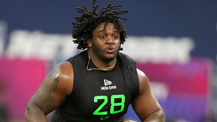 Mar 2, 2025; Indianapolis, IN, USA; Missouri offensive lineman Armand Membou (OL28) during the 2025 NFL Scouting Combine at Lucas Oil Stadium. Mandatory Credit: Kirby Lee-Imagn Images Mar 2, 2025; Indianapolis, IN, USA; Missouri offensive lineman Armand Membou (OL28) during the 2025 NFL Scouting Combine at Lucas Oil Stadium. Mandatory Credit: Kirby Lee-Imagn Images