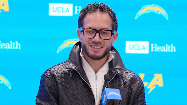 January 27, 2026; El Segundo, California, USA; Los Angeles Chargers offensive coordinator Mike McDaniel speaks at introductory press conference at The Bolt. Mandatory Credit: Kirby Lee-Imagn Images