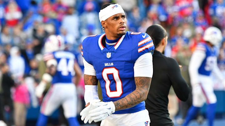 Buffalo Bills wide receiver Keon Coleman (0) warms up before the game against the Kansas City Chiefs at Highmark Stadium.
