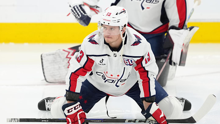 Dec 6, 2024; Toronto, Ontario, CAN;  Washington Capitals left wing Jakub Vrana (13) stretches during the warmup before a game against the Toronto Maple Leafs at Scotiabank Arena. Mandatory Credit: Nick Turchiaro-Imagn Images