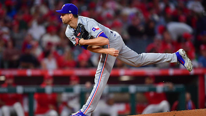 Sep 27, 2024; Anaheim, California, USA; Texas Rangers pitcher Jacob deGrom (48) throws against the Los Angeles Angels during the first inning at Angel Stadium. 