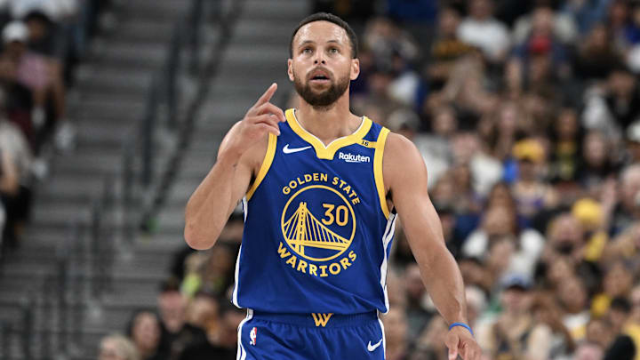Golden State Warriors guard Stephen Curry (30) gestures at halftime against the Los Angeles Lakers at T-Mobile Arena. Mandatory Credit: Candice Ward-Imagn Images