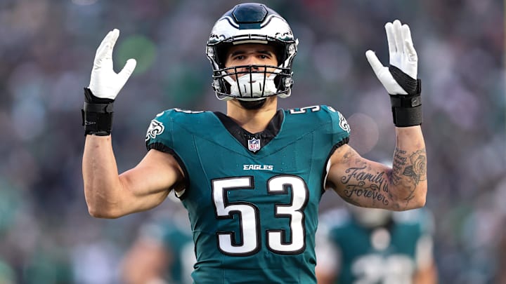 Jan 12, 2025; Philadelphia, Pennsylvania, USA; Philadelphia Eagles linebacker Zack Baun (53) before kick off against the Green Bay Packers in an NFC wild card game at Lincoln Financial Field. Mandatory Credit: Bill Streicher-Imagn Images