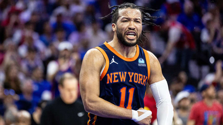 Apr 28, 2024; Philadelphia, Pennsylvania, USA; New York Knicks guard Jalen Brunson (11) reacts after