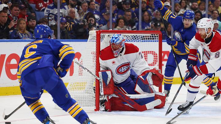 May 6, 2026; Buffalo, New York, USA; Buffalo Sabres left wing Zach Benson (6) looks to take a shot on Montréal Canadiens goaltender Jakub Dobes (75) during the second period in game one of the second round of the 2026 Stanley Cup Playoffs at KeyBank Center. Mandatory Credit: Timothy T. Ludwig-Imagn Images
