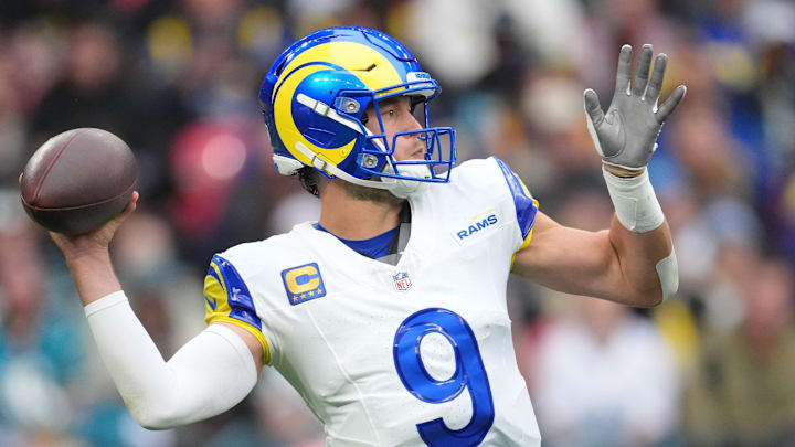 Oct 19, 2025; London, United Kingdom; Los Angeles Rams quarterback Matthew Stafford (9) passes the ball against the Jacksonville Jaguars during the first half of an NFL International Series game at Wembley Stadium. Mandatory Credit: Kirby Lee-Imagn Images Oct 19, 2025; London, United Kingdom; Los Angeles Rams quarterback Matthew Stafford (9) passes the ball against the Jacksonville Jaguars during the first half of an NFL International Series game at Wembley Stadium. Mandatory Credit: Kirby Lee-Imagn Images