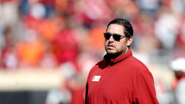Oklahoma offensive coordinator Jeff Lebby in the first half during a Bedlam college football game between the Oklahoma State University Cowboys (OSU) and the University of Oklahoma Sooners (OU) at Boone Pickens Stadium in Stillwater, Okla., Saturday, Nov. 4, 2023