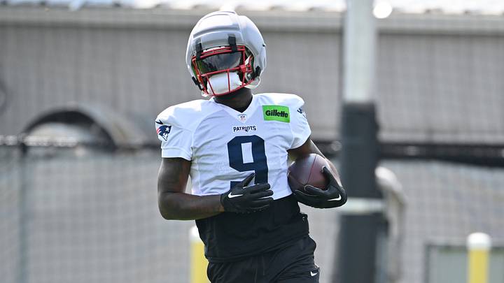 Jul 28, 2026; Foxborough, MA, USA; New England Patriots wide receiver Kayshon Boutte (9) runs with the ball during training camp at Gillette Stadium. Mandatory Credit: Eric Canha-Imagn Images Jul 28, 2026; Foxborough, MA, USA; New England Patriots wide receiver Kayshon Boutte (9) runs with the ball during training camp at Gillette Stadium. Mandatory Credit: Eric Canha-Imagn Images