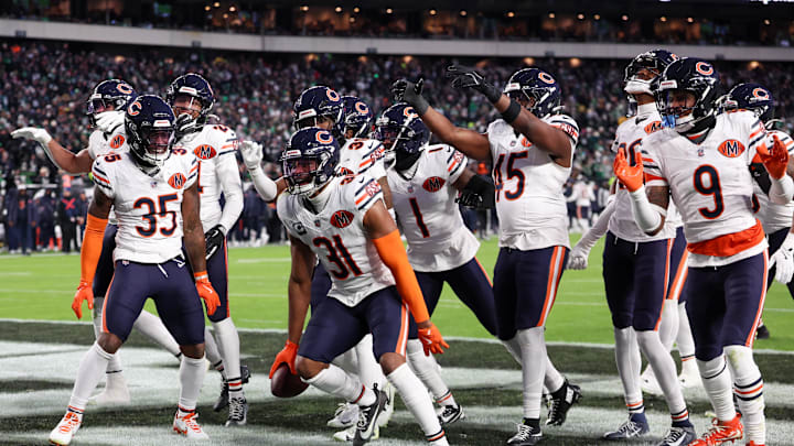 Nov 28, 2025; Philadelphia, Pennsylvania, USA; Chicago Bears safety Kevin Byard III (31) celebrates after an interception against the Philadelphia Eagles with teammates during the third quarter of the game at Lincoln Financial Field. Mandatory Credit: Bill Streicher-Imagn Images