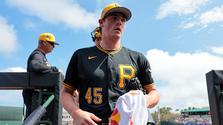 Mar 1, 2026; Jupiter, Florida, USA; Pittsburgh Pirates starting pitcher Hunter Barco (45) enters the dugout before the first inning against the St. Louis Cardinals at Roger Dean Chevrolet Stadium. Mandatory Credit: Sam Navarro-Imagn Images