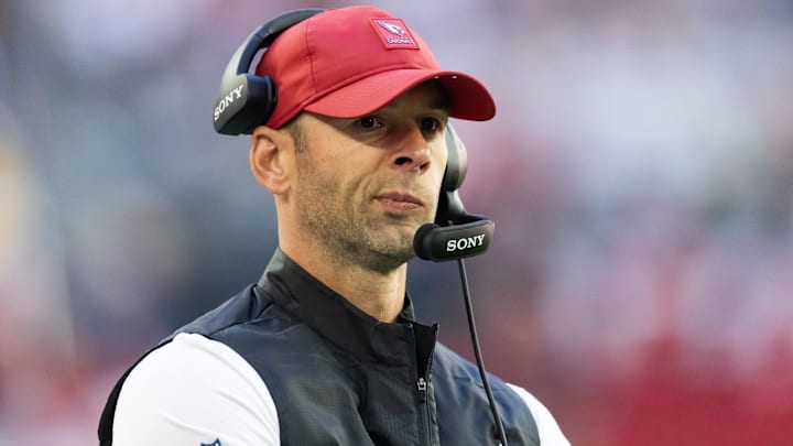 Dec 21, 2025; Glendale, Arizona, USA;  Arizona Cardinals head coach Jonathan Gannon against the Atlanta Falcons at State Farm Stadium. Mandatory Credit: Mark J. Rebilas-Imagn Images