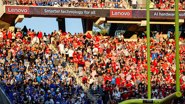 Nov 9, 2024; Raleigh, North Carolina, USA; North Carolina State Wolfpack fans and Duke Blue Devils fans during the first half of the game at Carter-Finley Stadium. Mandatory Credit: Jaylynn Nash-Imagn Images