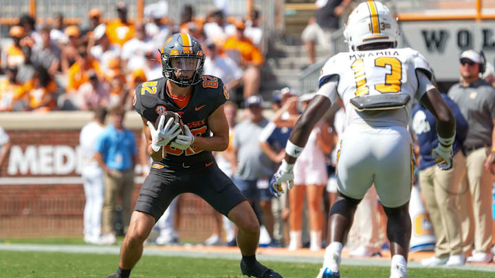 Tennessee wide receiver Dayton Sneed (82) catches a ball during a football game between Tennessee and Chattanooga at Neyland Stadium in Knoxville, Tenn., on Saturday, August 31, 2024.