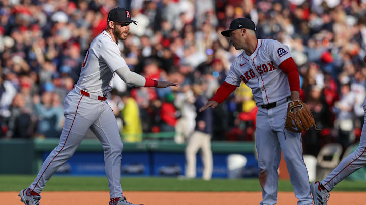 Apr 4, 2025; Boston, Massachusetts, USA; Boston Red Sox shortstop Trevor Story (10) celebrates with Boston Red Sox third baseman Alex Bregman (2) after defeating the St. Louis Cardinals at Fenway Park. Mandatory Credit: Paul Rutherford-Imagn Images Apr 4, 2025; Boston, Massachusetts, USA; Boston Red Sox shortstop Trevor Story (10) celebrates with Boston Red Sox third baseman Alex Bregman (2) after defeating the St. Louis Cardinals at Fenway Park. Mandatory Credit: Paul Rutherford-Imagn Images
