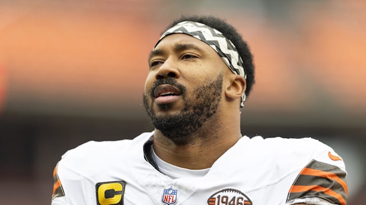 Dec 15, 2024; Cleveland, Ohio, USA; Cleveland Browns defensive end Myles Garrett (95) during warm ups before the game against the Kansas City Chiefs at Huntington Bank Field. Mandatory Credit: Scott Galvin-Imagn Images