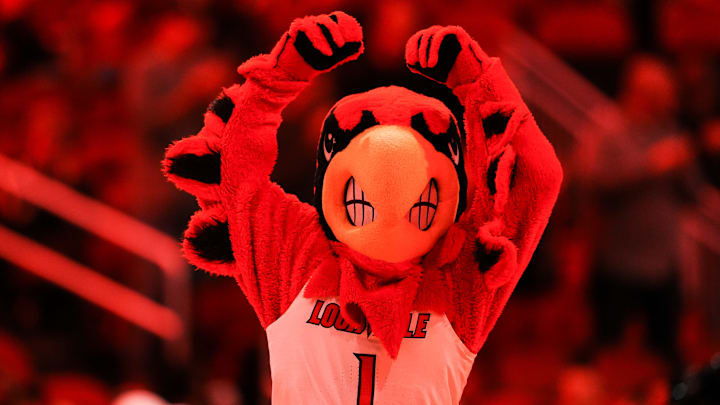 The Louisville Cardinal mascot flexes before the game against South Carolina State at the KFC Yum! Center Monday night, Nov. 3, 2025.