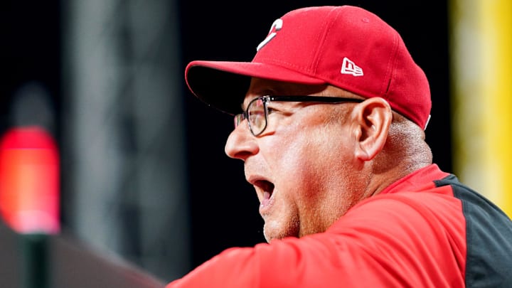 Cincinnati Reds manager Terry Francona (77) communicates with players during the ninth inning of a MLB game between the Cincinnati Reds and St. Louis Cardinals, Aug. 30, 2025, at Great American Ball Park in downtown Cincinnati. Cardinals won 4-2. Cincinnati Reds manager Terry Francona (77) communicates with players during the ninth inning of a MLB game between the Cincinnati Reds and St. Louis Cardinals, Aug. 30, 2025, at Great American Ball Park in downtown Cincinnati. Cardinals won 4-2.