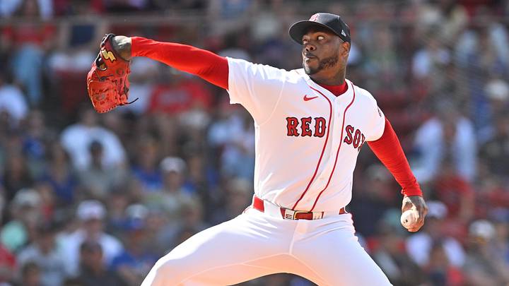 Jun 18, 2026; Boston, Massachusetts, USA; Boston Red Sox relief pitcher Aroldis Chapman (44) pitches against the Toronto Blue Jays  during the ninth inning at Fenway Park. Mandatory Credit: Eric Canha-Imagn Images