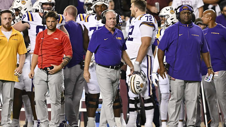 Oct 26, 2024; College Station, Texas, USA; LSU Tigers head coach Brian Kelly looks on during the fourth quarter against the LSU Tigers. The Aggies defeated the Tigers 38-23; at Kyle Field. Mandatory Credit: Maria Lysaker-Imagn Images.  