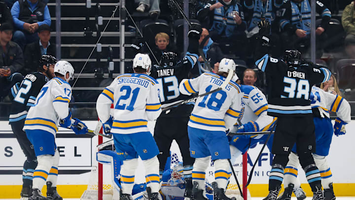 Apr 16, 2026; Salt Lake City, Utah, USA; St. Louis Blues right wing Alexey Toropchenko (13) scores a goal that is called off for interference during the second period of a game against the St. Louis Blues at Delta Center. Mandatory Credit: Rob Gray-Imagn Images