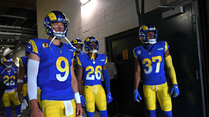 Sep 21, 2025; Philadelphia, Pennsylvania, USA; Los Angeles Rams quarterback Matthew Stafford (9), safety Kamren Kinchens (26) and safety Quentin Lake (37) wait in the tunnel against the Philadelphia Eagles at Lincoln Financial Field. Mandatory Credit: Eric Hartline-Imagn Images Sep 21, 2025; Philadelphia, Pennsylvania, USA; Los Angeles Rams quarterback Matthew Stafford (9), safety Kamren Kinchens (26) and safety Quentin Lake (37) wait in the tunnel against the Philadelphia Eagles at Lincoln Financial Field. Mandatory Credit: Eric Hartline-Imagn Images