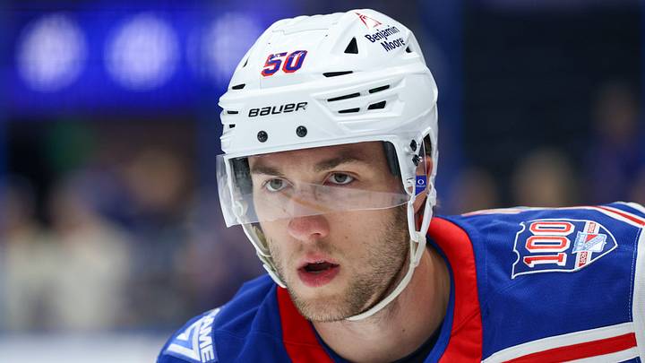 Apr 15, 2026; Tampa, Florida, USA; New York Rangers left wing Will Cuylle (50) looks on before a game against the Tampa Bay Lightning at Benchmark International Arena. Mandatory Credit: Nathan Ray Seebeck-Imagn Images
